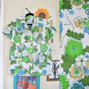 70s white green blue floral terry cloth towel tunic top (M)